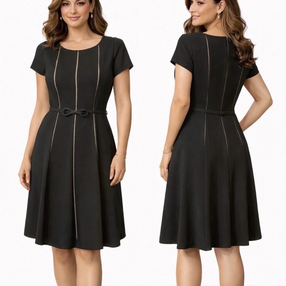 Just Taylor Dress Black Cream 6 Short Sleeve A Line NWT Washable